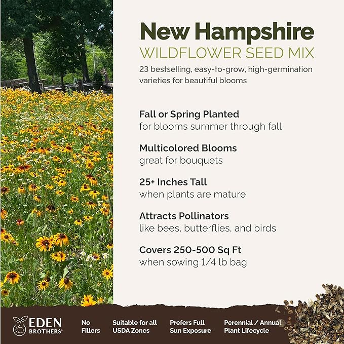 Eden Brothers New Hampshire Wildflower Mixed Seeds for Planting, 1/4 lb, 120,000+ Seeds with Cosmos, Lupine | Attracts Pollinators, Plant in Spring or Fall, Zones