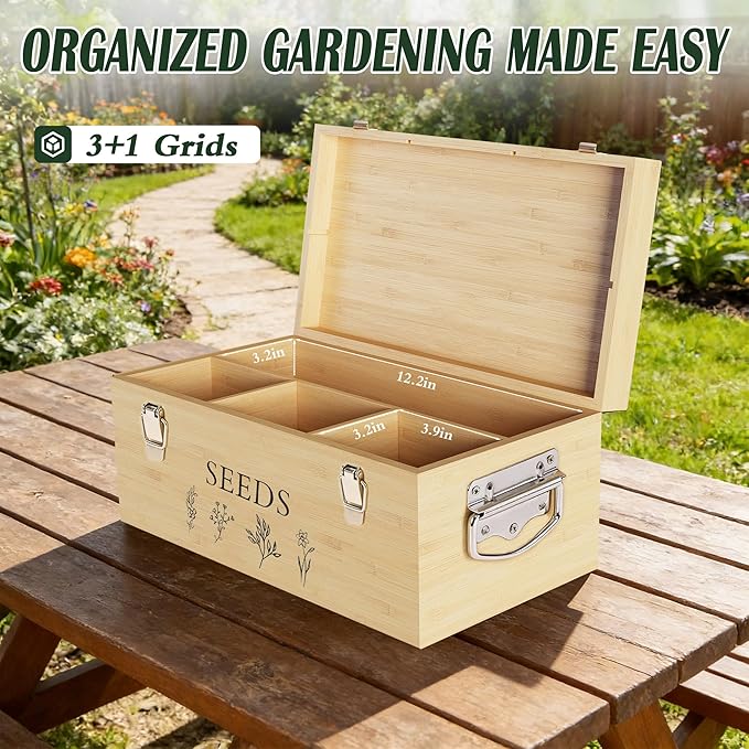 Bamboo Seed Storage Box, Large Garden Seed Organizer with Lid & Safety Lock & Handles, Seed Box Storage Organizer Includes Seed Envelopes and Labels etc, Great Gifts Gardening Kit (Wood)