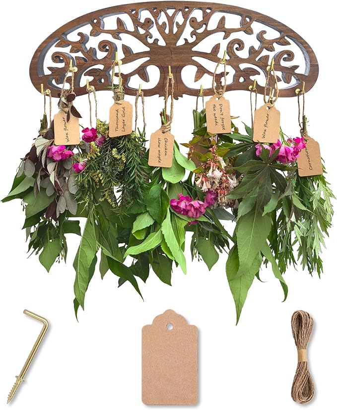 Rustic Herb Drying Rack Hanging,Wooden Tree of Life Dried Herb Flowers Rack Wall Art,Home Kitchen Witch Decor Wall Flowers Grass Gift,with 11 Hooks and 25 Gift Cards & 40 Inch Twine