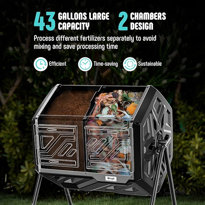 43 Gallon Compost Bin with Gloves, Fast Assembly & Easy Setup Outdoor Compost Tumbler, Updated Dual Chamber Tumbling Composter for Garden, Kitchen, and Yard Waste, Black