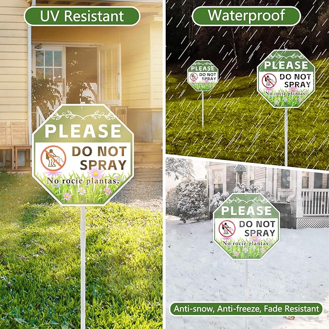 2 Pack 10" x 28" Do Not Spray Signs with Stake, Aluminum Garden Metal Signs for Outdoor Lawn, Bilingual Plant Sign in English and Spanish