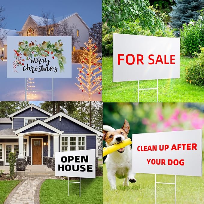 4 Pack Blank Yard Signs 17 x 12 in with Metal Stakes, White Plastic Yard Lawn Sign for Birthday Decoration,Garage Sale,Guidepost, Open House, Rent