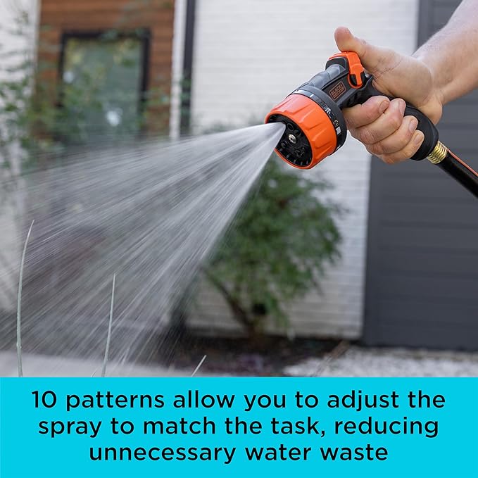 Black + Decker® Heavy-Duty 10-Pattern Poly Thumb Control Nozzle – Ergonomic, Versatile, Precision Garden Hose Attachment BD8439