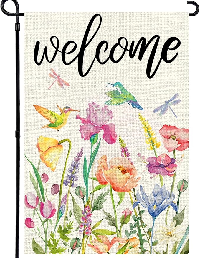 Spring Summer Garden Flag 12x18 Inch, Double Sided Colorful Flowers Birds Dragonflies Flag, Seasonal Yard Outdoor Decoration