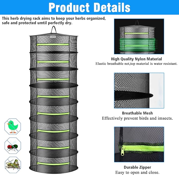 Herb Drying Rack, Breathable Mesh, 8 Layers, Black, Nylon, Polyester, Hanging, Foldable, 8x24x24 Inches, 17 lbs Capacity, For Herbs, Meat, Plants, Fish, Clothes, Nuts