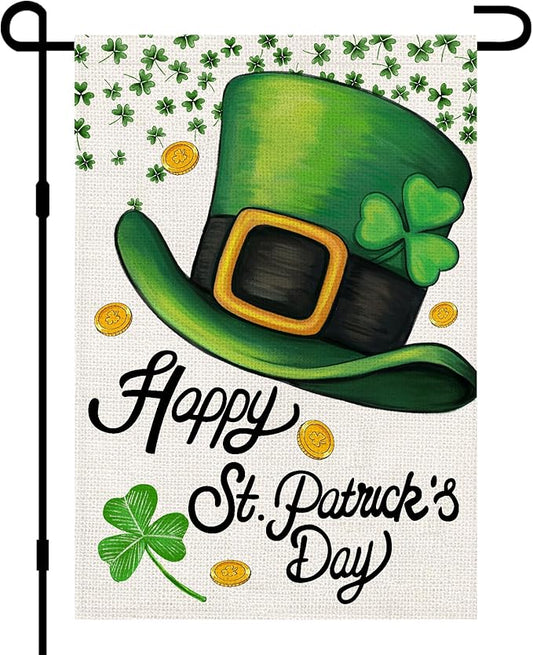 Happy St Patricks Day Garden Flag Burlap 12x18 Double Sided, Green Hat Shamrocks Lucky Clover Holiday Party Sign Small Flags Yard Outdoor Decorations DF660