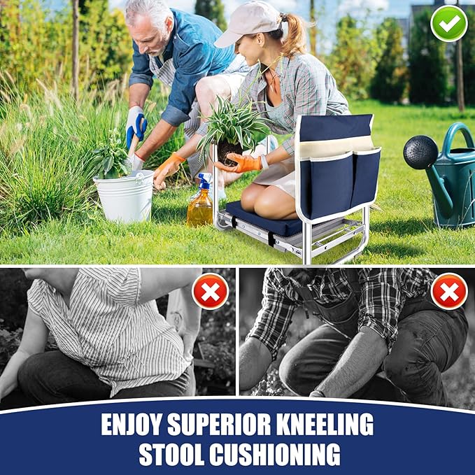 Foldable Garden Kneeler and Seat, Thicken & Widen Soft Pad for Kneeling and Sitting to Prevent Knee& Back Pain, Heavy Duty Garden Stool with 2 Large Tool Pouches, Gardening Gifts for Women Men Seniors