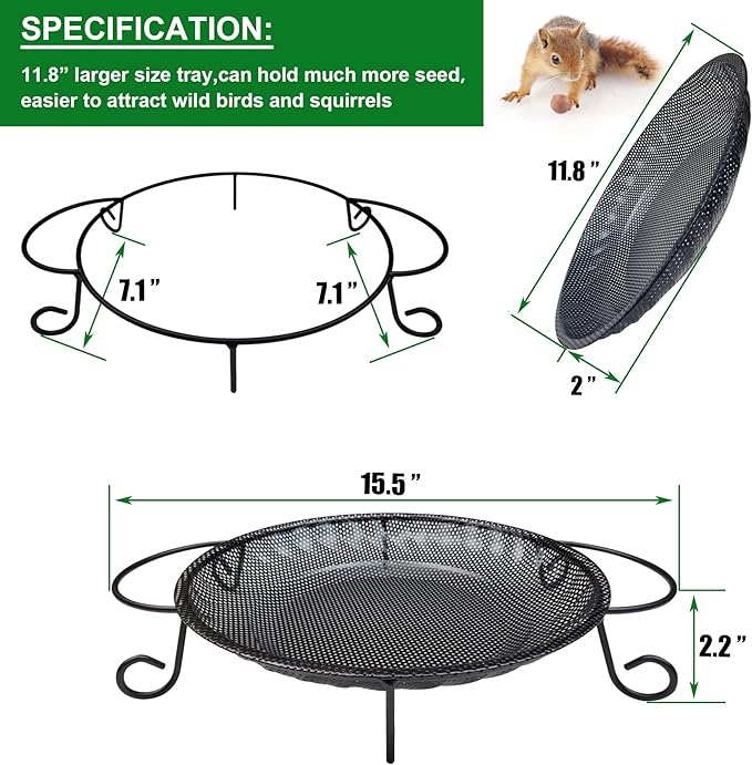 Upgraded Ground Platform Bird Feeder Tray,11.8” Stainless Steel Large Bird Feeder Mesh Seed Tray with A Exquisite Tray Station,Attract Wild Birds,Great Decoration for Garden Backyard