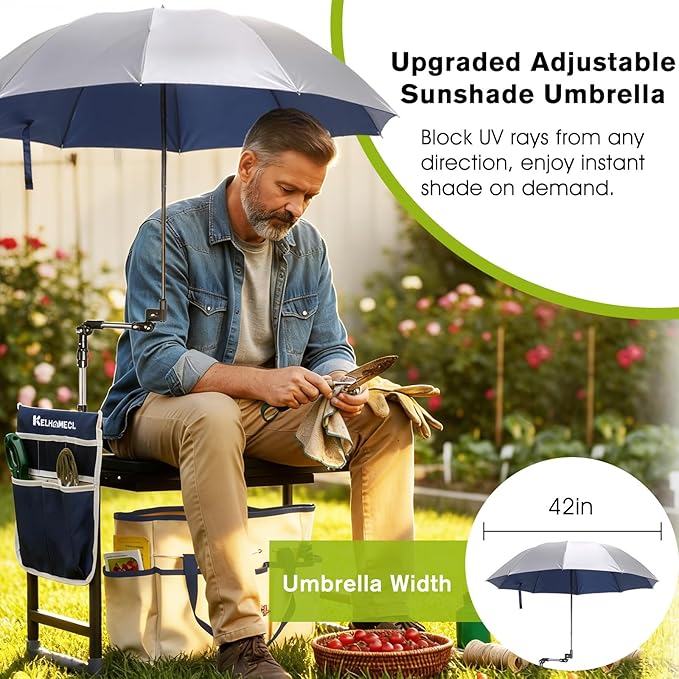 Garden Kneeler and Seat with Umbrella, 2-in-1 Foldable Gardening Stool with Adjustable Bracket, Detachable Tool Bags, Heavy Duty Kneeling Pad for Gardening (Beige Blue)