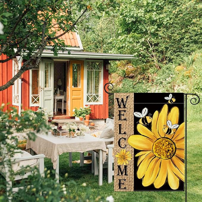 AVOIN colorlife Spring Summer Bee Sunflower Garden Flag 12x18 Inch Double Sided, Welcome Holiday Burlap Yard Outdoor Decoration