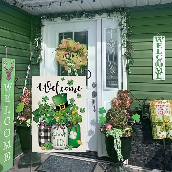 Hzppyz Welcome St Patricks Day Garden Flag Double Sided, Lucky Shamrock Clover Mason Jar Decorative Yard Outdoor Home Small Decor, Irish Spring Top Hat Gold Coin Burlap Outside House Decoration 12x18