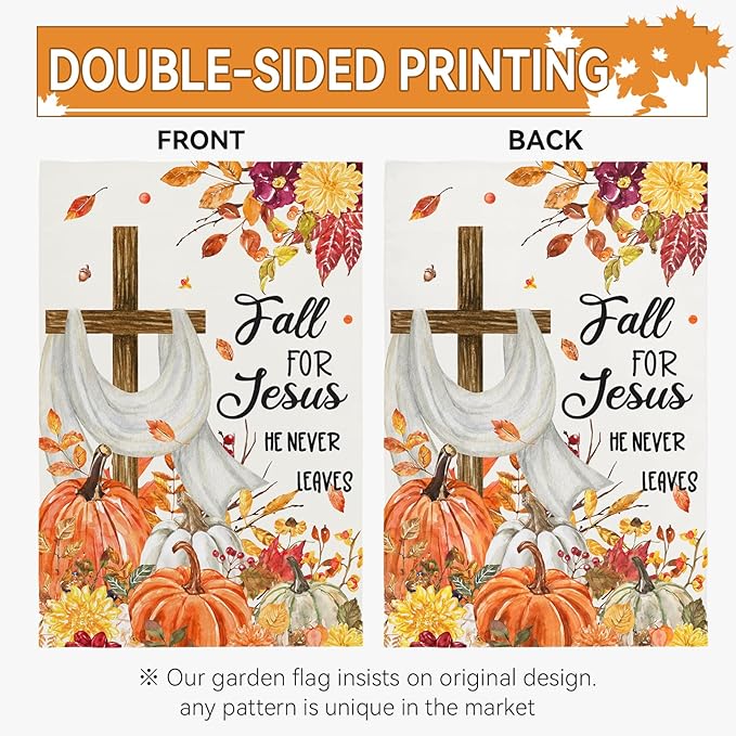 Fall for Jesus Pumpkins Garden Flag 12x18 Double Sided Fall Autumn Religious Cross Small Yard Flags for Outside Seasonal Flags Farmhouse Yard Garden Outdoor Decor