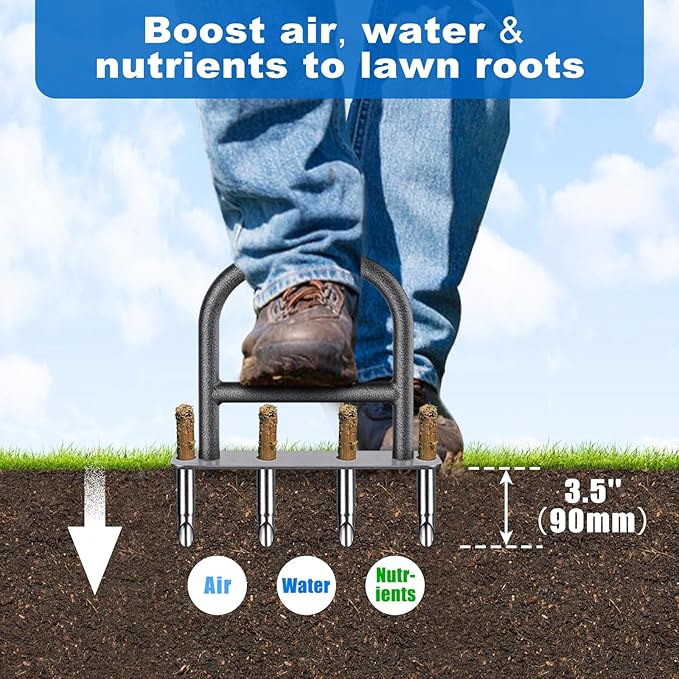 Lawn Coring Aerator Tool, Stainless Steel 4-Core Manual Plug Aerator for Yard & Lawn Aeration, Durable Aeration Tool with Soft Rubber Grip for Compacted Soil & Grass Care