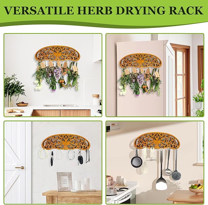 Rustic Herb Drying Rack Hanging,Wooden Tree of Life Dried Herb Flowers Rack Wall Art,Home Kitchen Witch Decor Wall Flowers Grass Gift,with 11 Hooks and 25 Gift Cards & 40 Inch Twine