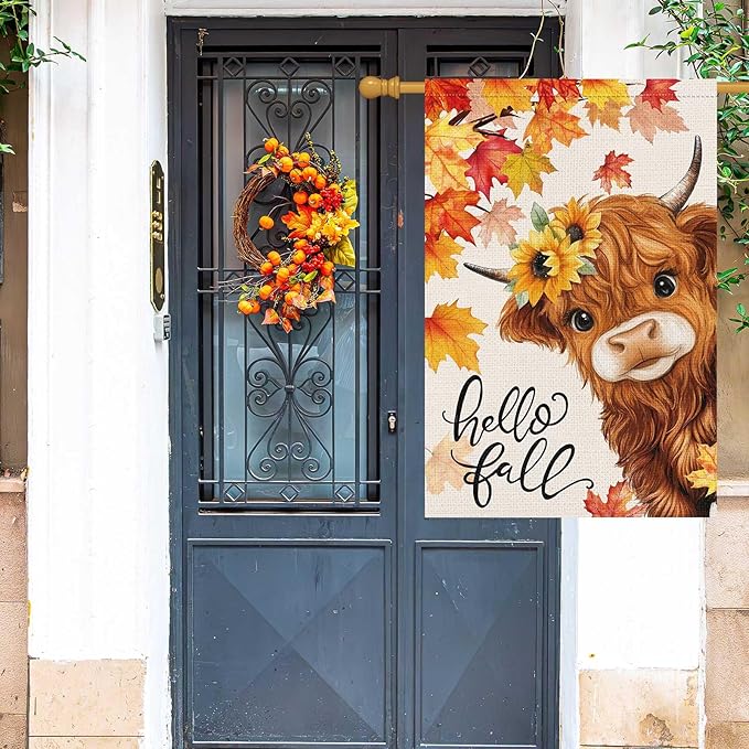Louise Maelys Hello Fall Garden Flag Floral Highland Cow Welcome 28x40 Inch Double Sided Seasonal Autumn Maple Sunflower Large Burlap Thaksgiving Holiday Yard Sign Outside Outdoor House Decor