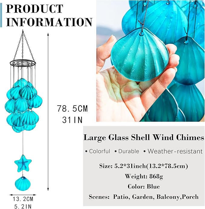 Stained Glass Wind Chimes for Outside,Handmade Large 25 inch Memorial Windchimes Outdoor,Sea Glass Decor for Patio Garden Balcony Porch (Shell & Starfish)