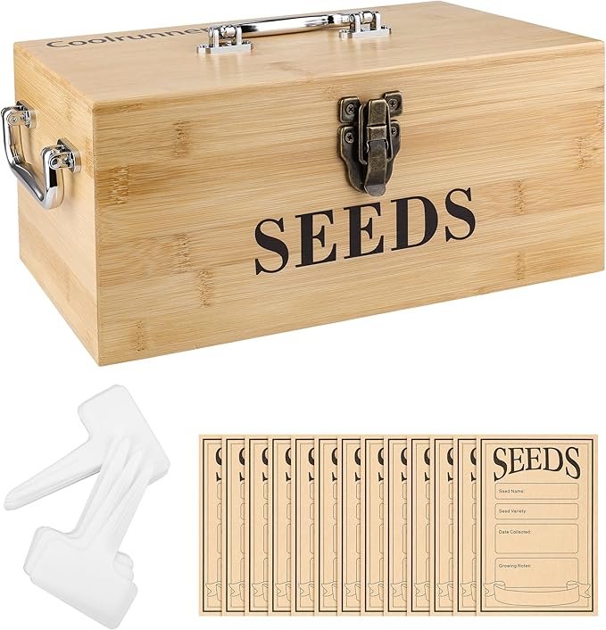 Coolrunner Wood Seed Saving Box, Seed Storage Organizer Case, Seed Packet Storage Organizer with Lock and 3 Handles, 30P Plant Labels, 30P Seeding Envelopes Bag (Natural Wood Color)