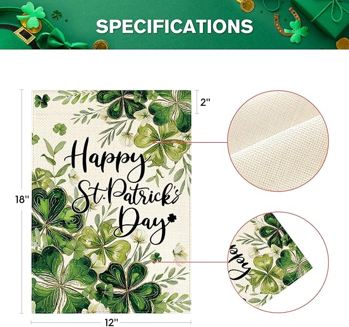 AVOIN colorlife Happy St Patricks Day Floral Garden Flag 12x18 Inch Double Sided Outside, Shamrock Lucky Clover Holiday Yard Outdoor Flag