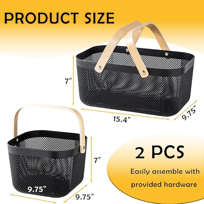 2 Pack Plastic Picnic Baskets, Mesh Harvest Basket with Foldable Wooden Handle, Rectangle Fruit Vegetable Storage Organizer Bins for Gathering, Kitchen, Pantry, Black