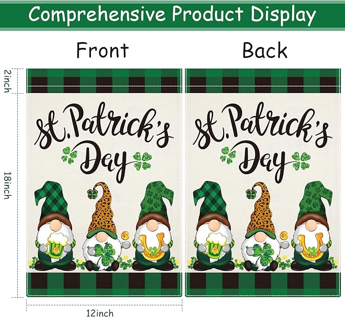 Boao 2 Pieces St Patrick's Day Garden Flag Gnome Shamrock 18 x 12 Inch Yard Flag Irish Green Shamrock Garden Flag Double Sided Decorative Garden Flag for St. Patrick's Day Outdoor Decoration