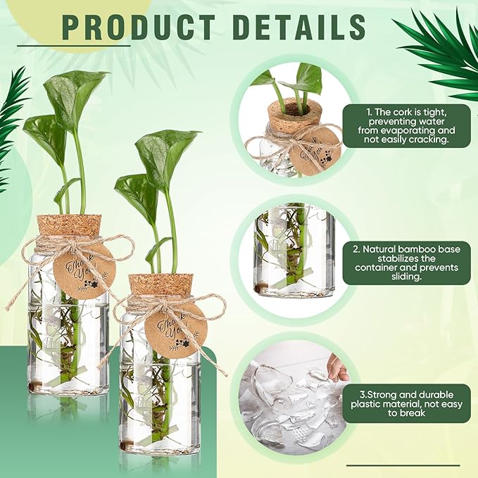 Baderke 48 Pcs 3.54'' Plastic Plant Propagation Stations with Hole Lid 4oz Planter Vase Clear Propagation Jars with Thank You Tags for Plant Lover Gifts for Women Office Home Garden
