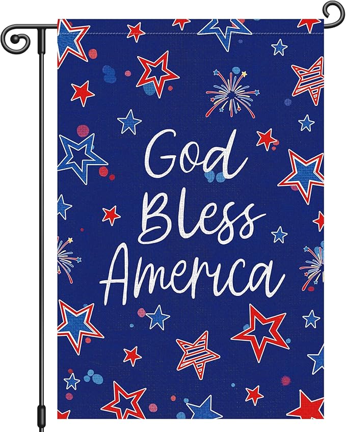 Louise Maelys God Bless America Garden Flag 4th of July Patriotic Independence Day 12x18 Inch Double Sided Stars and Stripes Small Burlap Yard Sign Outside Outdoor House Decoration