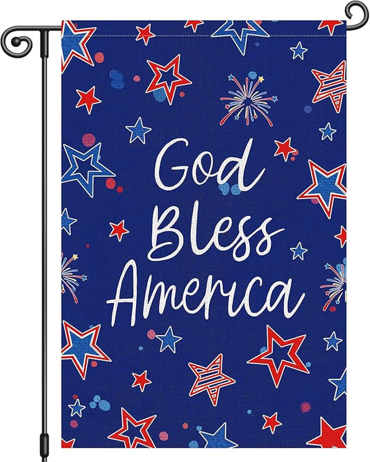 Louise Maelys God Bless America Garden Flag 4th of July Patriotic Independence Day 12x18 Inch Double Sided Stars and Stripes Small Burlap Yard Sign Outside Outdoor House Decoration