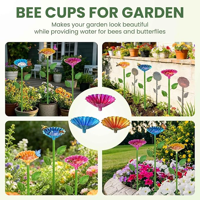 3 Pack Bee Watering Station for Garden, Metal Bee Bath and Feeder Cups with Colorful Flower Design, Butterfly Bee Bath Bowls and Water Feeder for Outdoor Garden Yard Decor (Red, Yellow, Blue)