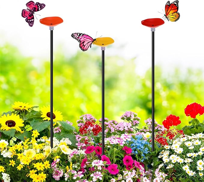 3 Pcs Bee Watering Station Set Metal Bee and Butterfly Feeders with Metal Stake Bird Butterfly Bath Bowl Cup for Poppy Flower Garden Lawn Outdoor Garden Yard Patio Decor (Red Yellow Orange)