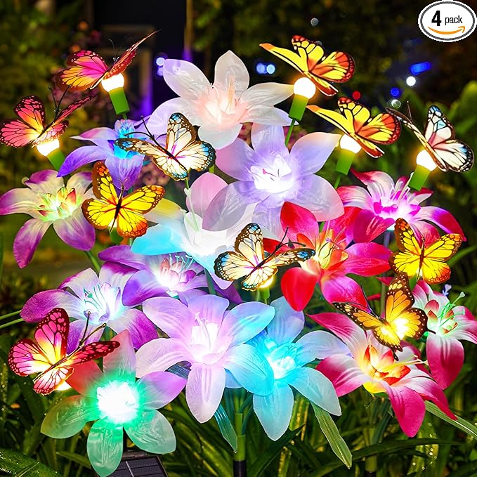 Garpar Solar Lights Outdoor Decorative, Upgraded 4 Pack Flowers with 16 Color Changing Lilies and 12 Butterflies, Brighter Waterproof Garden Decor for Yard Lawn Pathway, Mom Women Grandma Gift