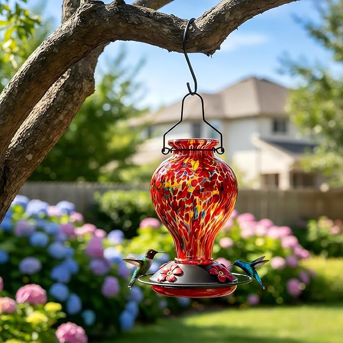 Hand Blown Glass Hummingbird Feeders for Outdoors Hanging, 24oz Wild Bird Nectar Feeder with Ant Moat and Perch, Bee-Resistant Ports, Garden Decor, Gifts for Women Mom, 1 Pack, Red Polka Dots
