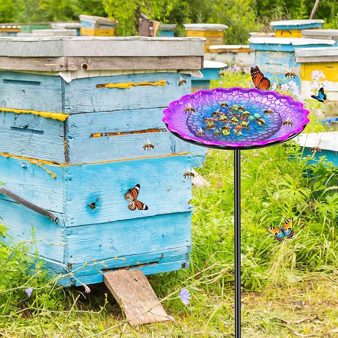 Bee Butterflies Watering Station, Standing Bee Feeder with Glass Marbles for Outside, Bee Bath Feeder with Metal Stakes Butterfly Puddler Garden Yard Déco (Purple)
