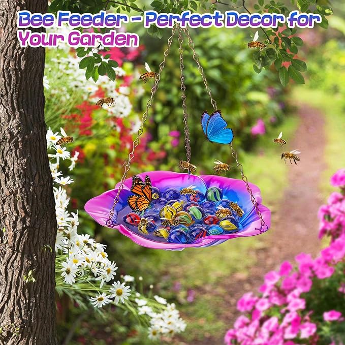 Bee Feeder with Vivid Hibiscus Design - Anti-Rust Iron Bee Watering Station for Feeding, Colorful Butterfly Bath Bowl Bee Cups with 30 Glass Marbles for Outdoor Yard Garden Decor Gifts (Purple)