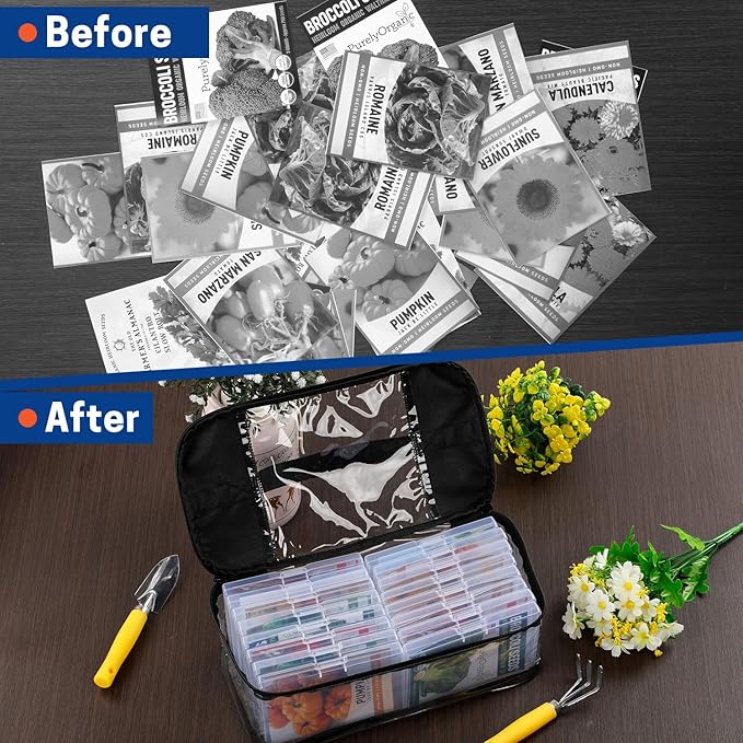16 Slots Seed Storage Organizer Box with Clear Zipper Bag, Garden Seed Containers for Flower Vegetable Plants, Photo & Card Storage Case