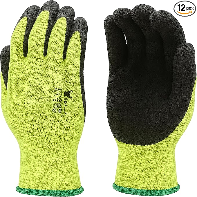 G & F 1516 12 Pairs Pack Premium High Visibility Low emissions Green Work and gardening Gloves for Men and Women.MicroFoam Textured Coated Palm and Fingers Gloves for Gardening Work,Size Large,Green