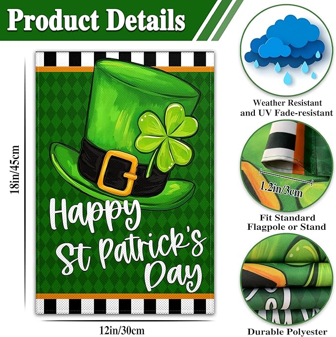 Happy St Patricks Day Garden Flag 12x18 Inch Shamrock Top Hat Garden Flag for Outdoor Indoor House Outside Yard Green Shamrock Holiday Signs Decorations