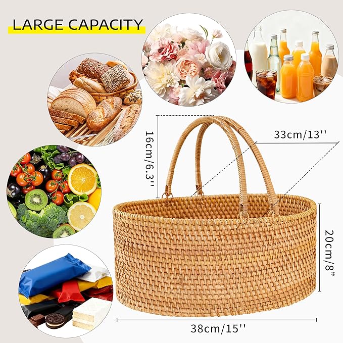 Handwoven Rattan Picnic Basket Sturdy Handles, Oval Storage Organizer for Camping, Wedding, Home, Kitchen(15"×13"×8")