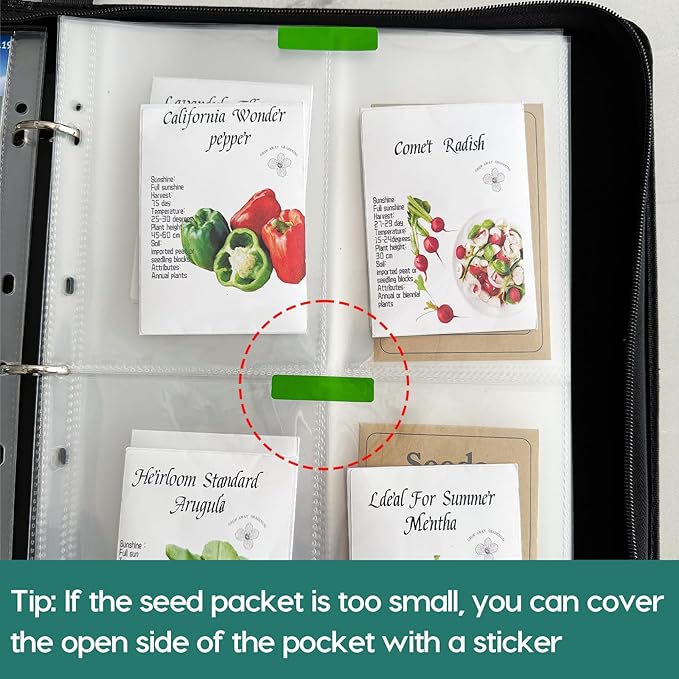 Zippered Seed Storage Organizer Binder with Handle, Gardening Seed Saving Kit, Holds 120+ Seed Envelopes, Fit Flower, Plant and Vegetable for Seed Packets