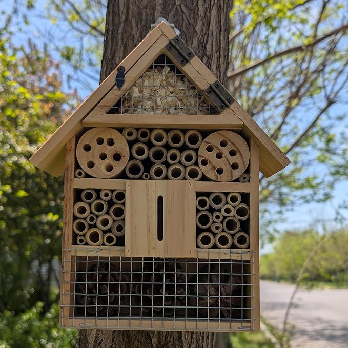 Niteangel Natural Wooden Hanging Bee House for Gardens | Natural Wooden Butterfly Hotel for Bee, Butterfly, Ladybirds, Beneficial Insect Habitat, Bee Hotel Garden