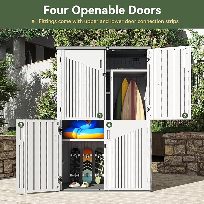 Aoxun White Resin Outdoor Storage Shed with 2 Shelves & Floor, 64 Cu.Ft Vertical Waterproof Cabinet for Garage, Pool, Bike, Garden Tools, Patio Furniture