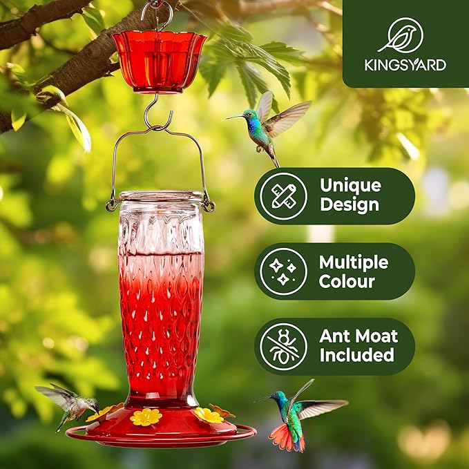 Kingsyard Hummingbird Feeders for Outdoors Hanging, 24 Ounce, Glass Hummingbird Feeder with Ant Moat & 6 Bee Guard Feeding Ports, Leak-Proof, Red Gradient