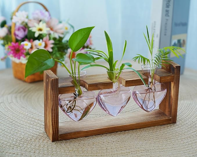 Kingbuy 3-Heart Plant Terrarium Kit - Stained Glass Vase Propagation Station with Vintage Wood Stand - Wall-Mounted & Tabletop Indoor Garden Decor for Home Kitchen Wedding Gift for Plant Lover, Pink
