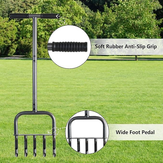 Manual Core Lawn Aerator Tool - Yard Lawn Grass Aerators with 5 Hollow Tine, Garden Soil Loosener Tools for Improved Lawn Health