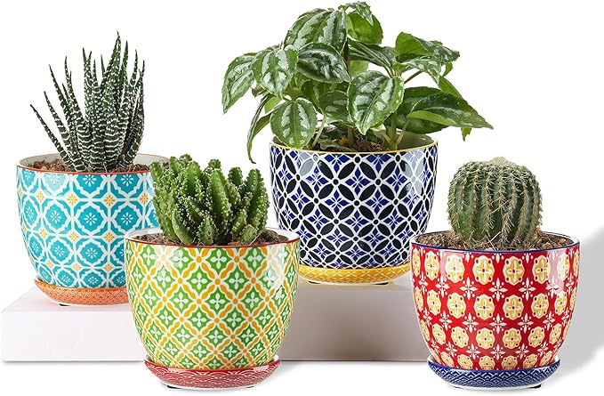 Succulent Ceramic Pots, 3.8 Inch Small Plant Pots with Drainage Hole & Saucer, Flower Planter Pot for Houseplants, Cacti, Home Decor, Set of 4, Vibrant Colors
