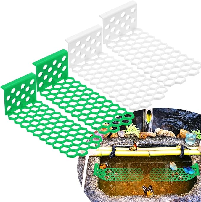 4-Pack Floating Bee Island, 18x6cm/7.09x2.36 Inch Plastic Floating Bee Watering Station for Feeding/Butterfly Bath/Outdoor Garden Decor [White, Green]