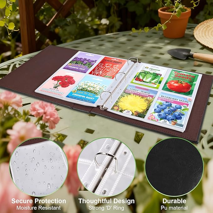 A4 3 Ring Binder Garden Seeds Storage Album with 30 Pcs 3.5x5” Seed Packet Sleeves, PU Leather Hardcover Organization Book for Seed Packet，Photo, Index Card，240 Top Loading Pockets Capacity