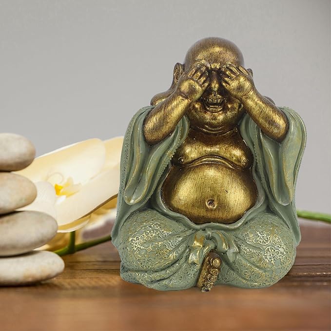 Laughing Buddha Statue - Gold Small Buddha Statues with Three Color Clothes for Home Decor (No See, No Speak, No Hear) - House Decor, Meditation & Feng Shui Gift (5.5 * 4.7 * 6.7")(Green)