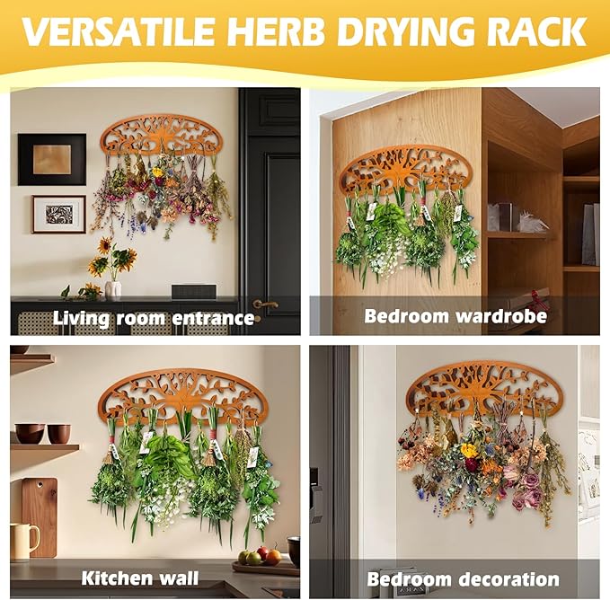 Rustic Flower Drying Rack Hanging – Artistic Tree of Life Design for Kitchen & Garden – Holds 11 Herb or Flower Bouquets – Space-Saving Decorative Dryer – Gift for Gardeners & Home Crafters
