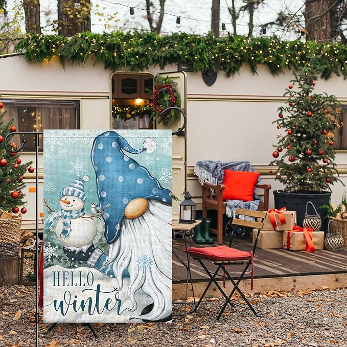 Heyfibro Hello Winter Gnome Garden Flag 12x18 Inch Double Sided Burlap Snowman Snowflakes Yard Banner for Christmas Seasonal Outside Outdoor House Decoration (ONLY FLAG)