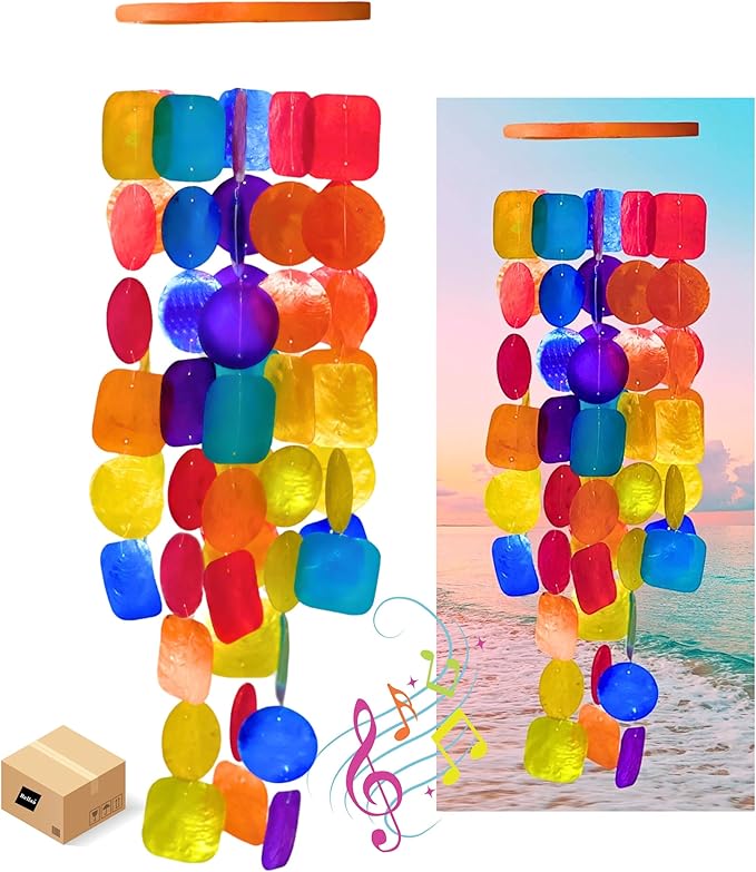Bellaa Handmade Wind Chimes Outdoor, Musical, Garden Decorations, Beach, Ocean, Breeze, Gifts for Mom, Outside Windchimes, 63pcs, Capiz, Shells, Sea, Glass, Wood, Rainbow